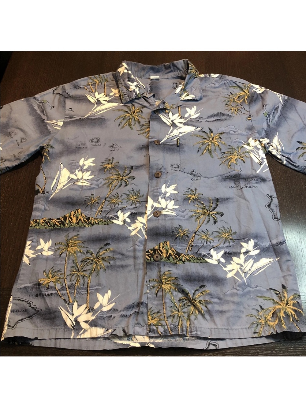 palmwave hawaiian shirt large Hawaiian islands blue palm tree waves ocean Bird